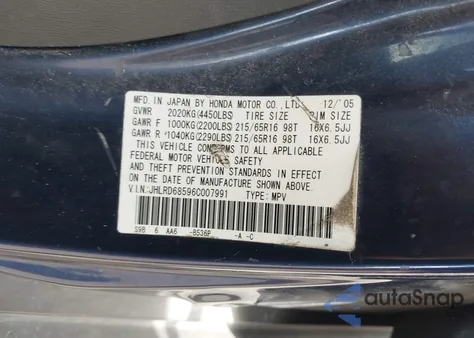 2006 Honda Cr-V Lx из США, поврежденный, VIN JHLRD68596C007991